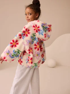 Jassen En Jacks|Sweaters En Hoody´S|Next - Fleecejack met rits en capuchon van borg (3-16jr) Ecru/roze gebloemd