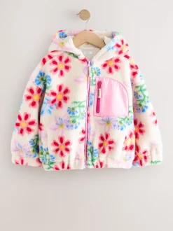 Jassen En Jacks|Sweaters En Hoody´S|Next - Fleecejack met rits en capuchon van borg (3-16jr) Ecru/roze gebloemd