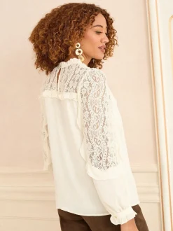 Gelegenheidskleding|Blouses En Overhemden*Love & Roses - Crew Neck Lace Yoke Long Sleeve Blouse Ecruwit