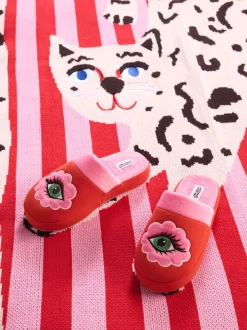 Pantoffels*Eleanor Bowmer rode/roze muiltjes met oog borduursel