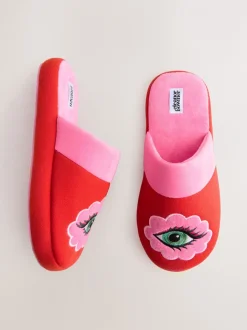 Pantoffels*Eleanor Bowmer rode/roze muiltjes met oog borduursel