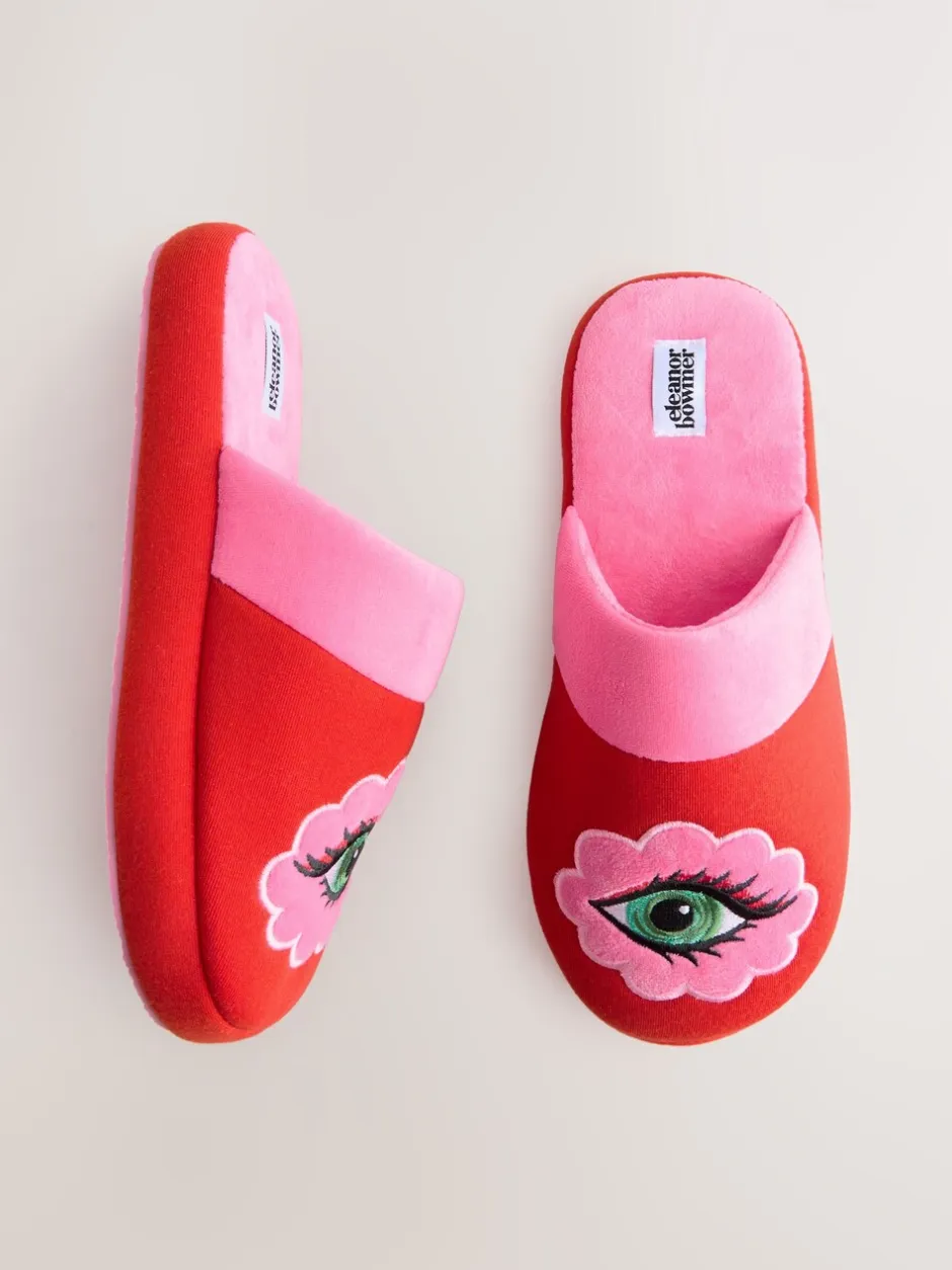 Pantoffels*Eleanor Bowmer rode/roze muiltjes met oog borduursel