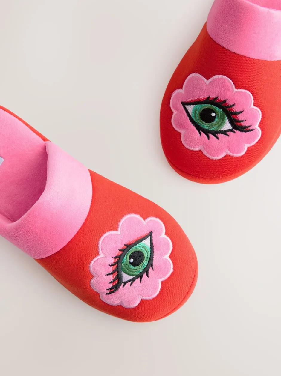 Pantoffels*Eleanor Bowmer rode/roze muiltjes met oog borduursel