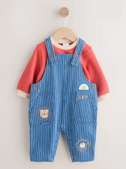 Rompertjes En Tuinbroeken*Next - Babyset van denim bretelbroeken en bodysuit (0 mnd - 2 jr) Felgekleurde streep met figuurtjes