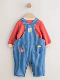 Rompertjes En Tuinbroeken*Next - Babyset van denim bretelbroeken en bodysuit (0 mnd - 2 jr) Felgekleurde streep met figuurtjes