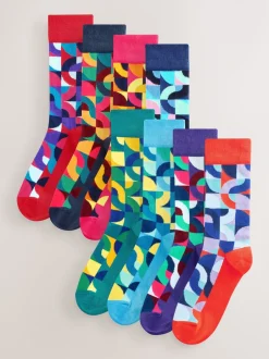 Sokken|Sokken*Next Felrood/Groen geometrisch - Set van 8 sokken met patroon