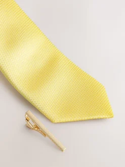Stropdassen En Pochets|Next Geel - Stropdas met textuur en dasspeld