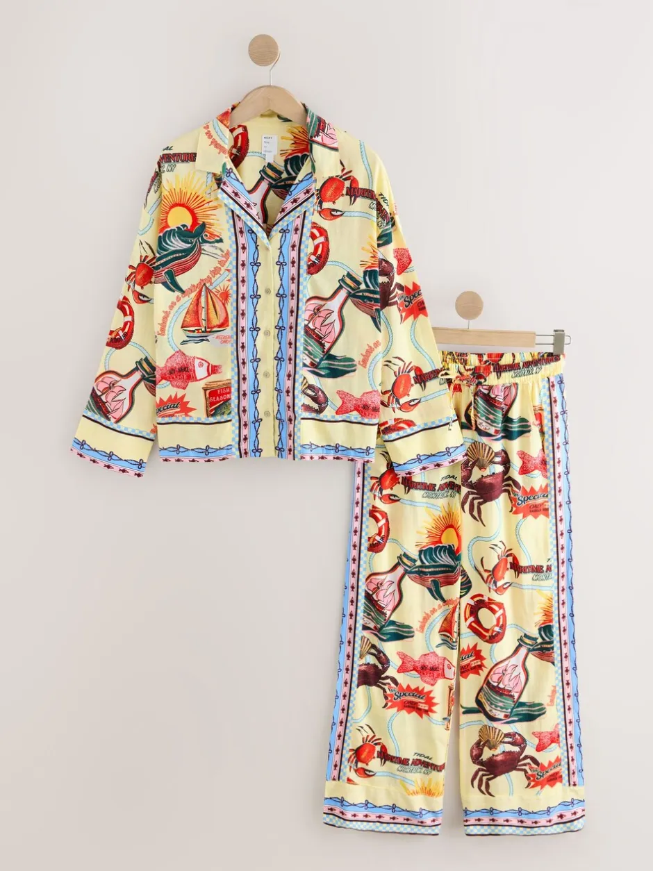Pyjama's|Loungewear*Next Geel - Viscose/Linen Blend Button Through Pyjamas