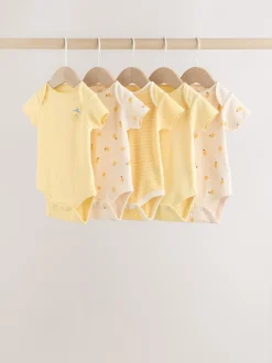Rompertjes En Hemdjes|Next Geel met citroenenprint - 5 Babyrompertjes met korte mouwen