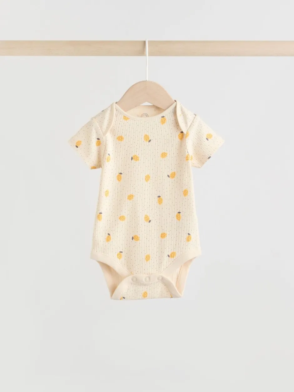 Rompertjes En Hemdjes|Next Geel met citroenenprint - 5 Babyrompertjes met korte mouwen