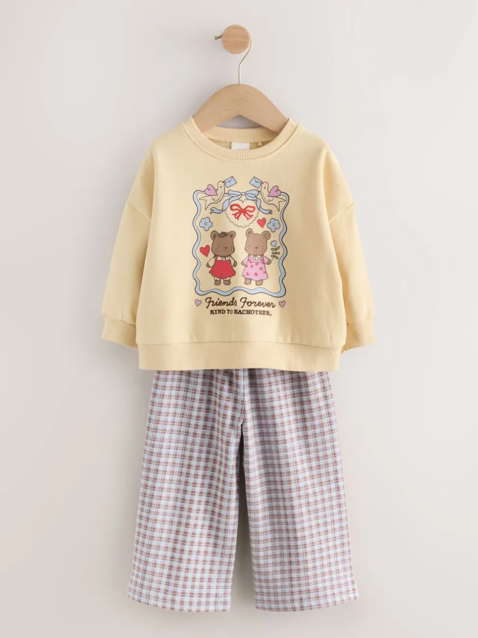 Truien En Breisels|Sets En Outfits*Next Geel met gingham beren - Set van sweatshirt en broek met wijde pijpen (3mnd -7jr)