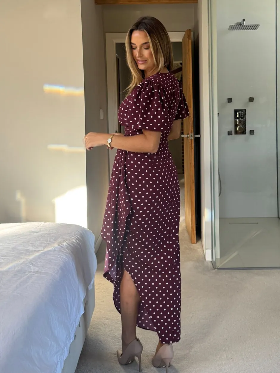 Jurken|Gelegenheidskleding|Girl In Mind Drew Polka Dot Puff Sleeve Wrap Front Midi Dress