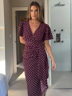 Jurken|Gelegenheidskleding|Girl In Mind Drew Polka Dot Puff Sleeve Wrap Front Midi Dress