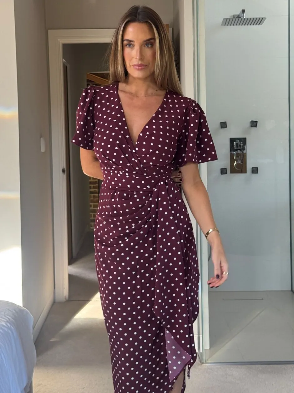 Jurken|Gelegenheidskleding|Girl In Mind Drew Polka Dot Puff Sleeve Wrap Front Midi Dress