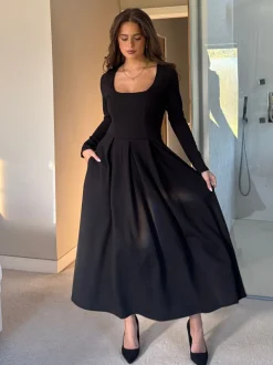 Jurken|Girl In Mind Evie Square Neck Long Sleeve Midi Dress
