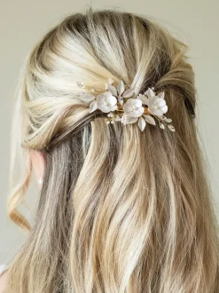 Haaraccessoires*Ivory & Co - - Gardenia klem met kristallen, parels en geëmailleerde bloem Goud