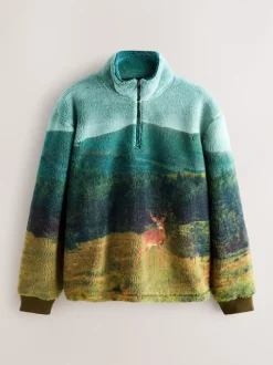 Loungewear|Sweaters En Hoody´S*Next Green Deer Scene - Borg Fleece Zip Neck