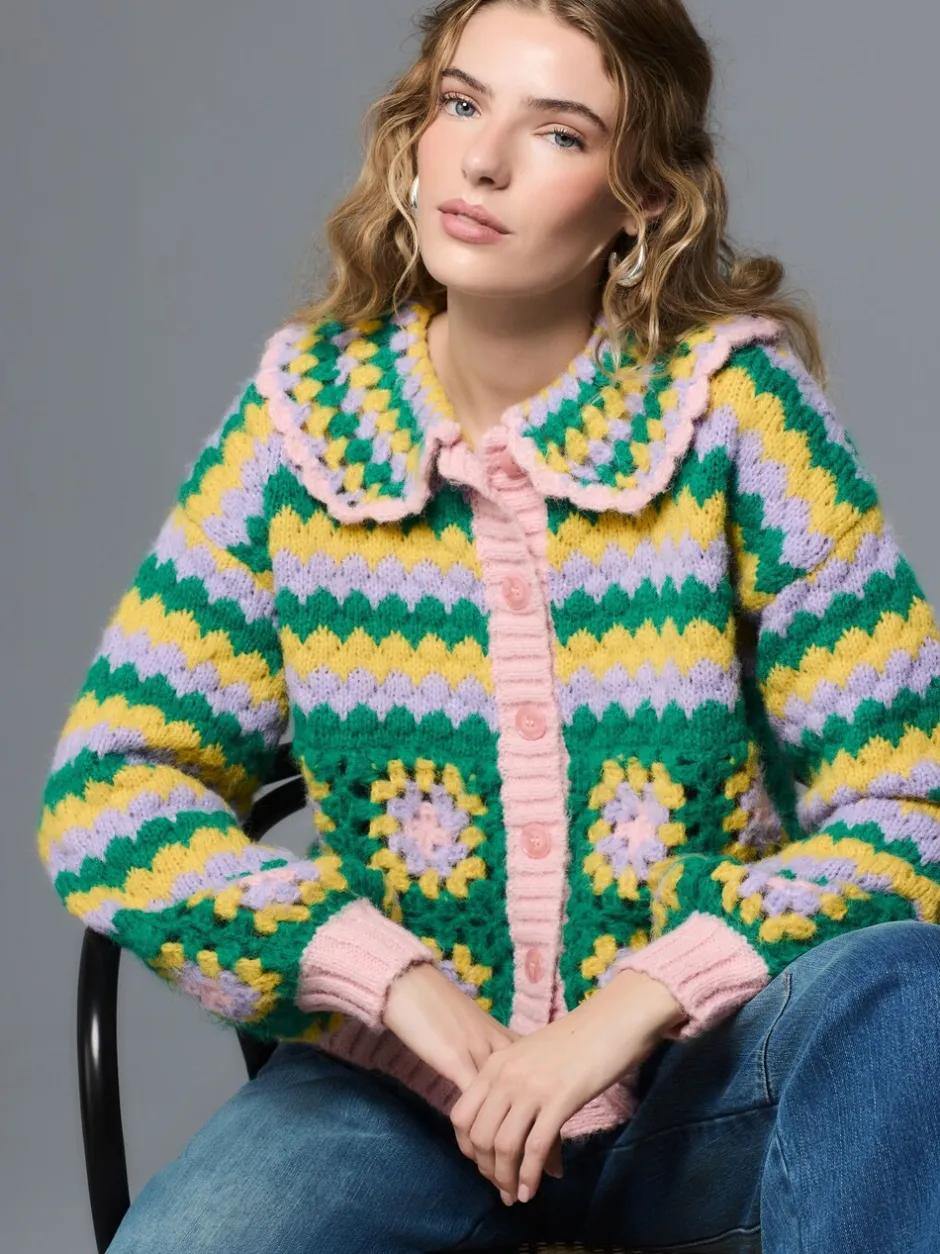 Gebreide Kleding|Next Green Multi Patch - Hand Crochet Collar Cardigan
