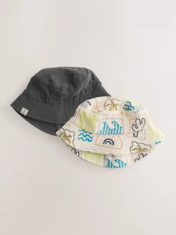 Mutsjes En Antikrabwantjes|Mutsen, Handschoenen En Sjaals|Next Grey Stampy Printed Woven - Set van 2 babyhoedjes (0 mnd-2 jr)