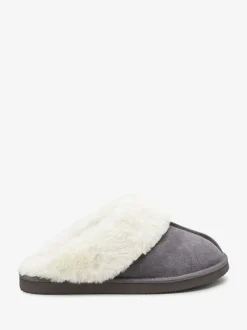 Pantoffels|Loungewear*Next Grijs - Met imitatiebont gevoerde suède pantoffelmuiltjes