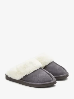 Pantoffels|Loungewear*Next Grijs - Met imitatiebont gevoerde suède pantoffelmuiltjes