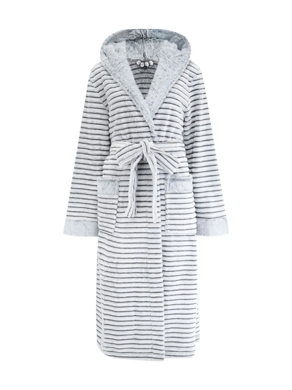 Badjassen|Pour Moi - Knusse Geribde Fleece Midi Badjas met Capuchon Grijs