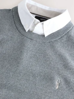 Gebreide Kleding|Next - Regular Fit getextureerde schijn-Oxford overhemdtrui Grijs