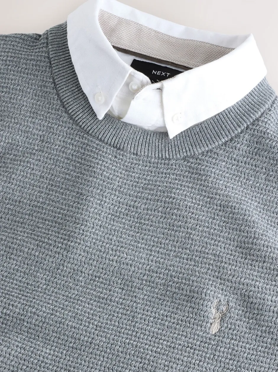 Gebreide Kleding|Next - Regular Fit getextureerde schijn-Oxford overhemdtrui Grijs