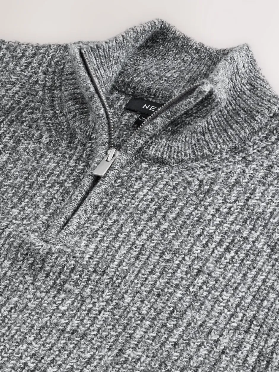 Gebreide Kleding*Next - Regular-fit gebreide trui met textuur en kwartrits bij de hals en wol Grijs