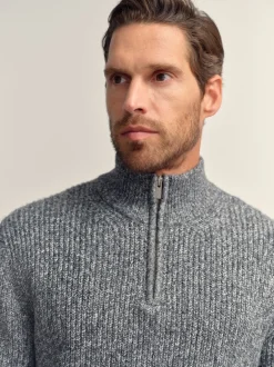 Gebreide Kleding*Next - Regular-fit gebreide trui met textuur en kwartrits bij de hals en wol Grijs
