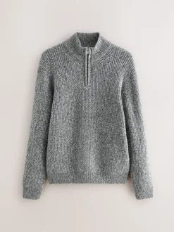 Gebreide Kleding*Next - Regular-fit gebreide trui met textuur en kwartrits bij de hals en wol Grijs