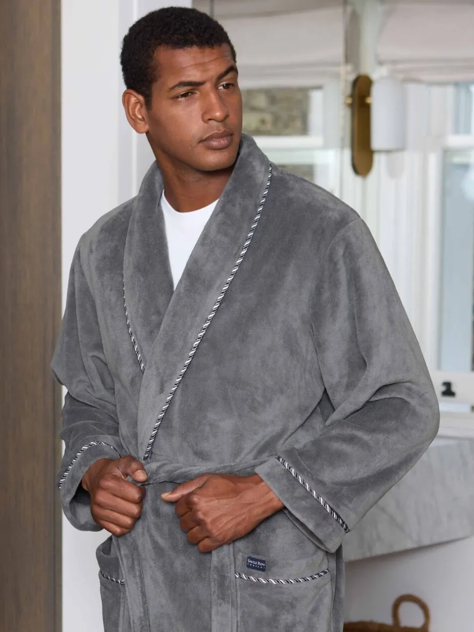 Kamerjassen En Badjassen|Savile Row Company - Lightweight Soft Fleece Rope Edge Dressing Gown Grijs