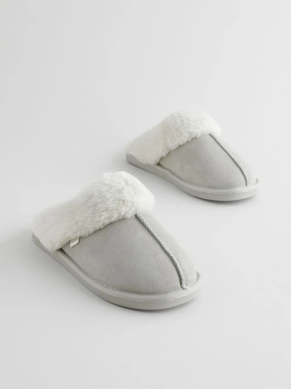 Pantoffels*Next Grijs - Suede Faux Fur Mule Slippers
