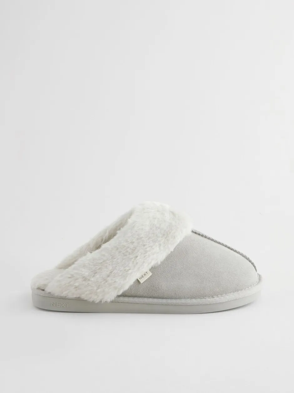 Pantoffels*Next Grijs - Suede Faux Fur Mule Slippers