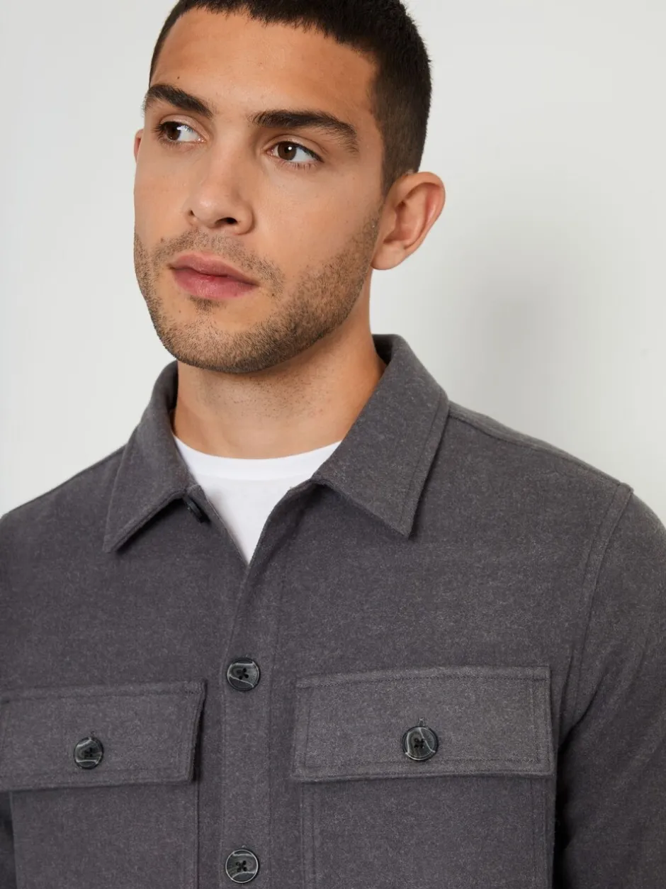 Formele Overhemden|Threadbare - imitatiebont wollen knoopsluiting overshirt Grijs