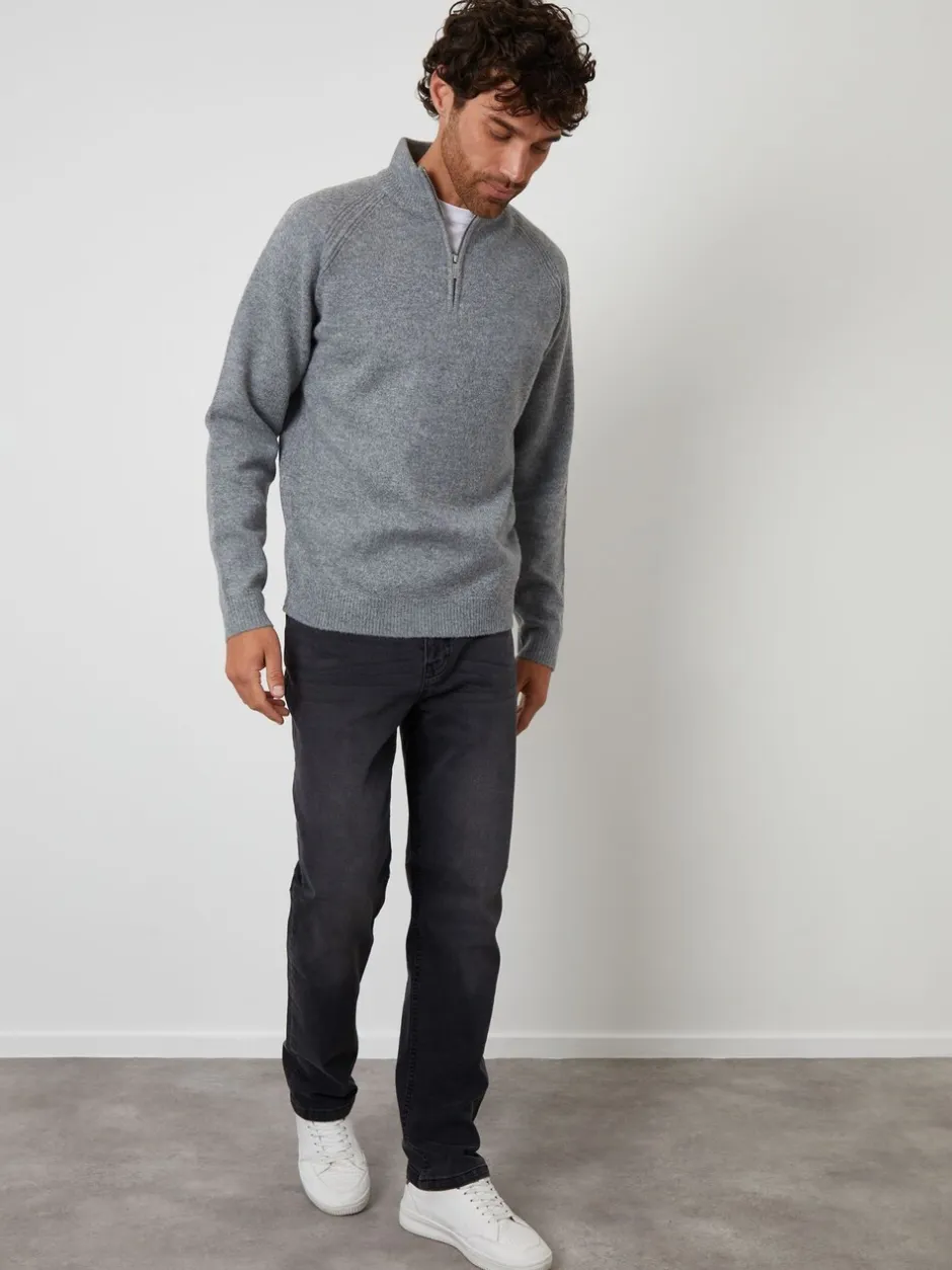 Gebreide Kleding|Threadbare - Raglan Rib Quarter Zip Knitted Jumper Grijs