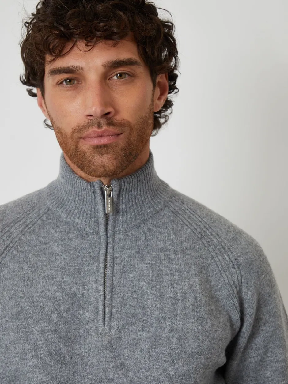 Gebreide Kleding|Threadbare - Raglan Rib Quarter Zip Knitted Jumper Grijs