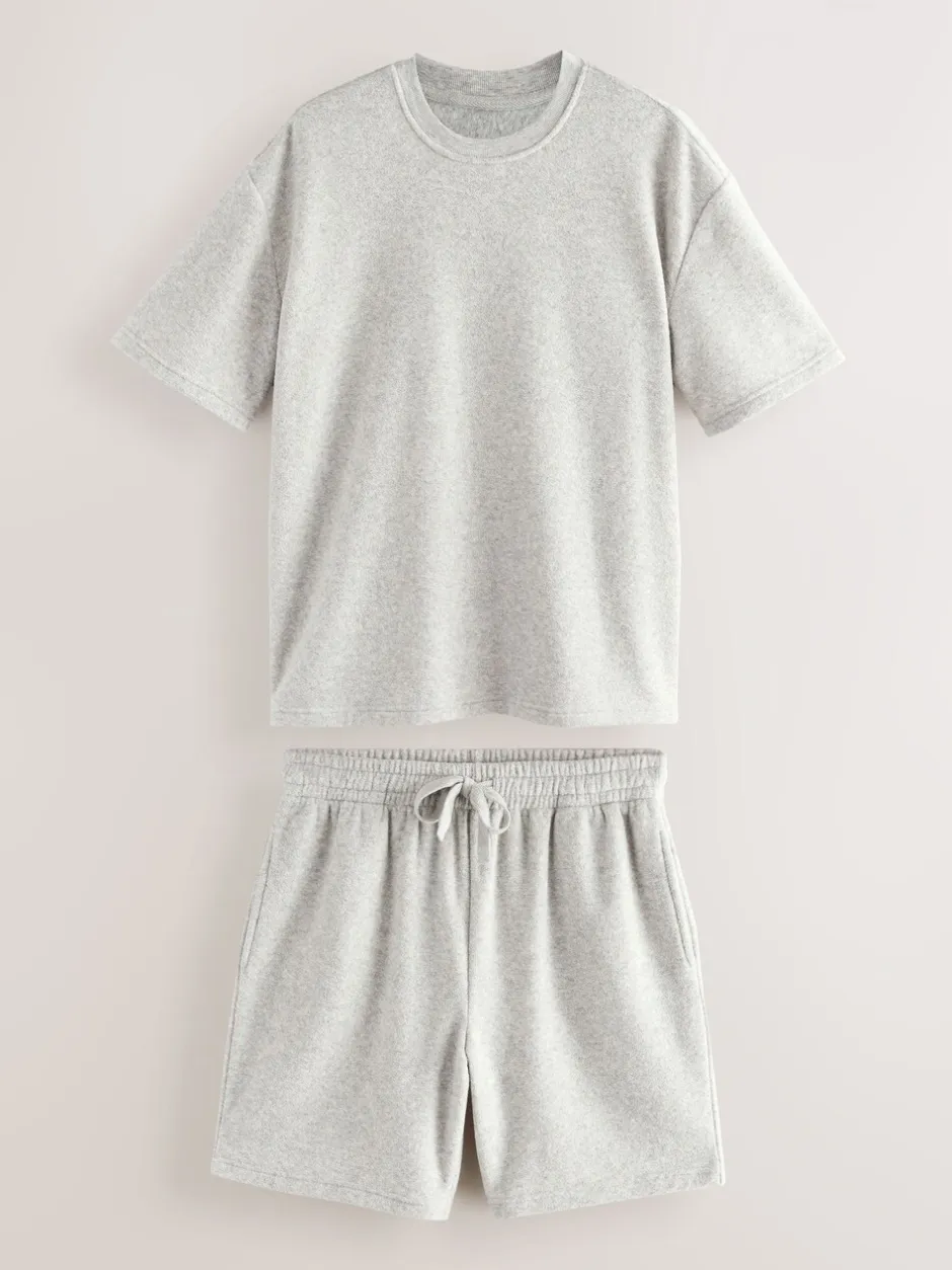 Pyjama's|Next - Towelling Short Sleeve Pyjamas Set Grijs