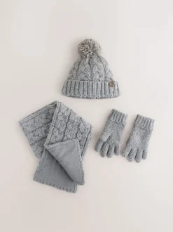 Mutsjes En Antikrabwantjes|Mutsen, Handschoenen En Sjaals*Next - Hoed, Handschoenen & Sjaals 3 delige Set (3-16jaar) Grijs gebreid met kabels