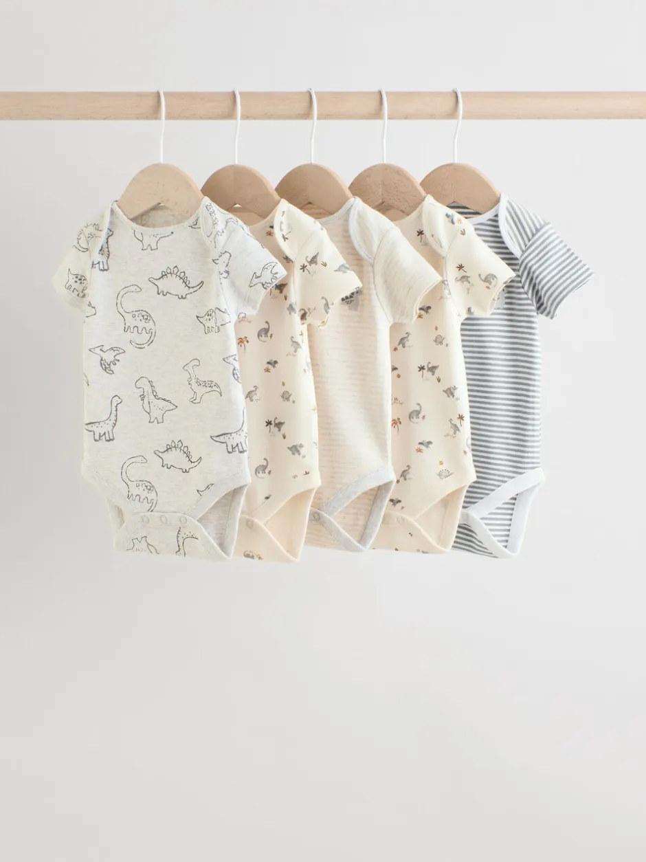 Rompertjes En Hemdjes|Rompertjes En Hemdjes|Next Grijs met dinoprint - Set van 5 babyrompertjes met korte mouwen