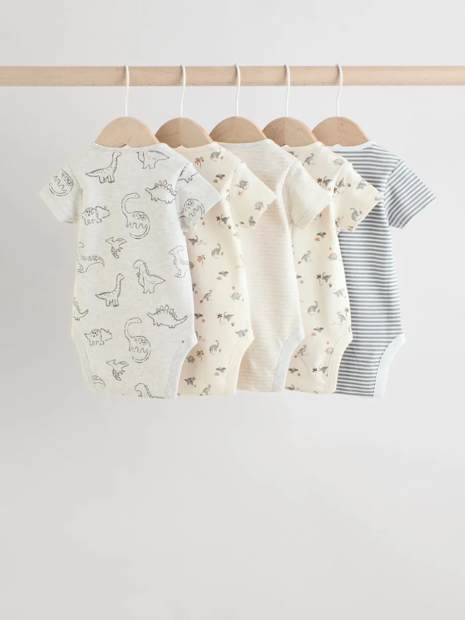 Rompertjes En Hemdjes|Rompertjes En Hemdjes|Next Grijs met dinoprint - Set van 5 babyrompertjes met korte mouwen
