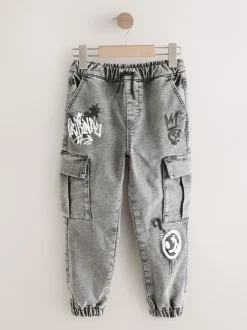Jeans*Next - Cargo jeans met elastische taille (3-16 jr) Grijs met graffiti