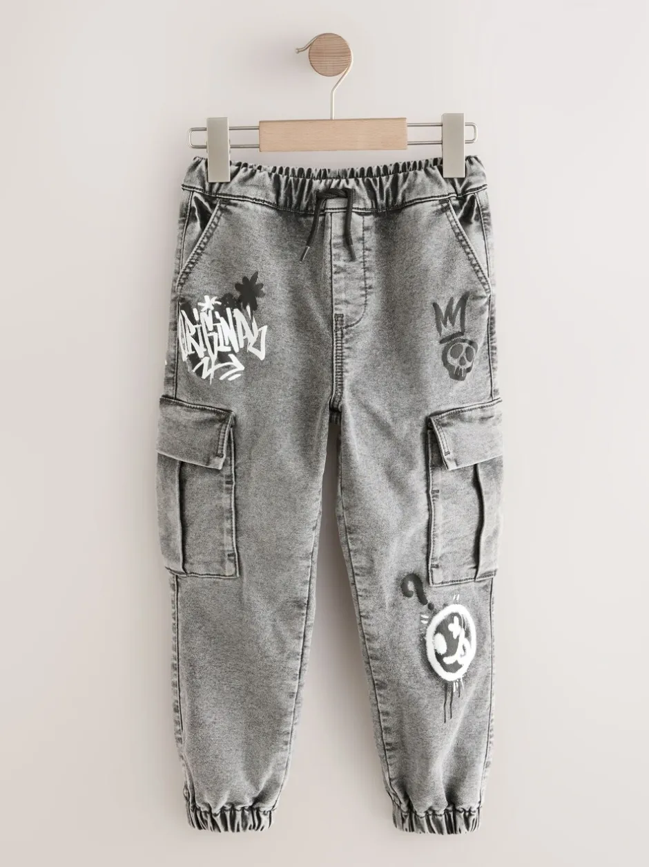 Jeans*Next - Cargo jeans met elastische taille (3-16 jr) Grijs met graffiti