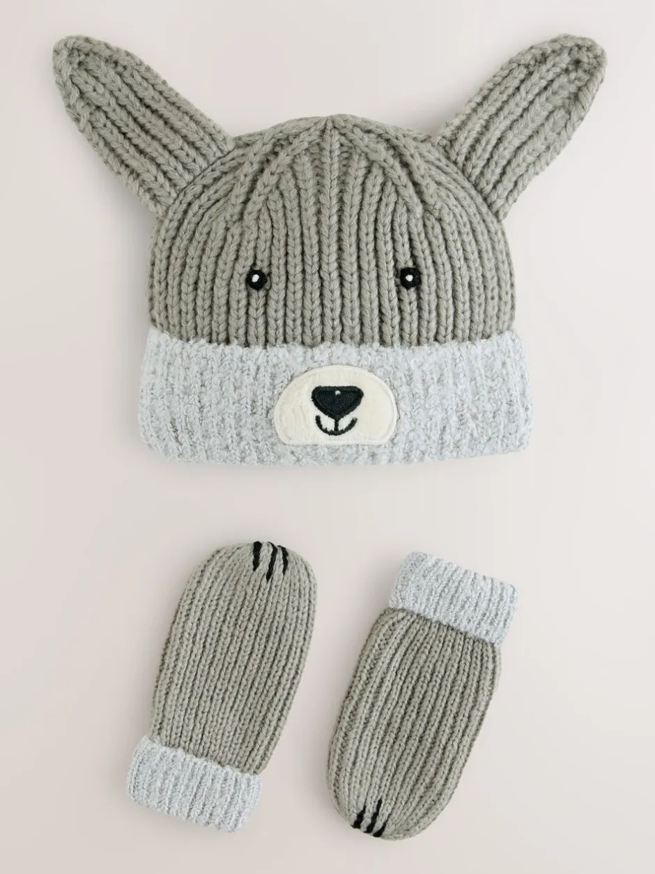 Mutsen, Handschoenen En Sjaals|Next - Hat & Mittens 2 Piece Set (3mths-6yrs) Grijs met hond