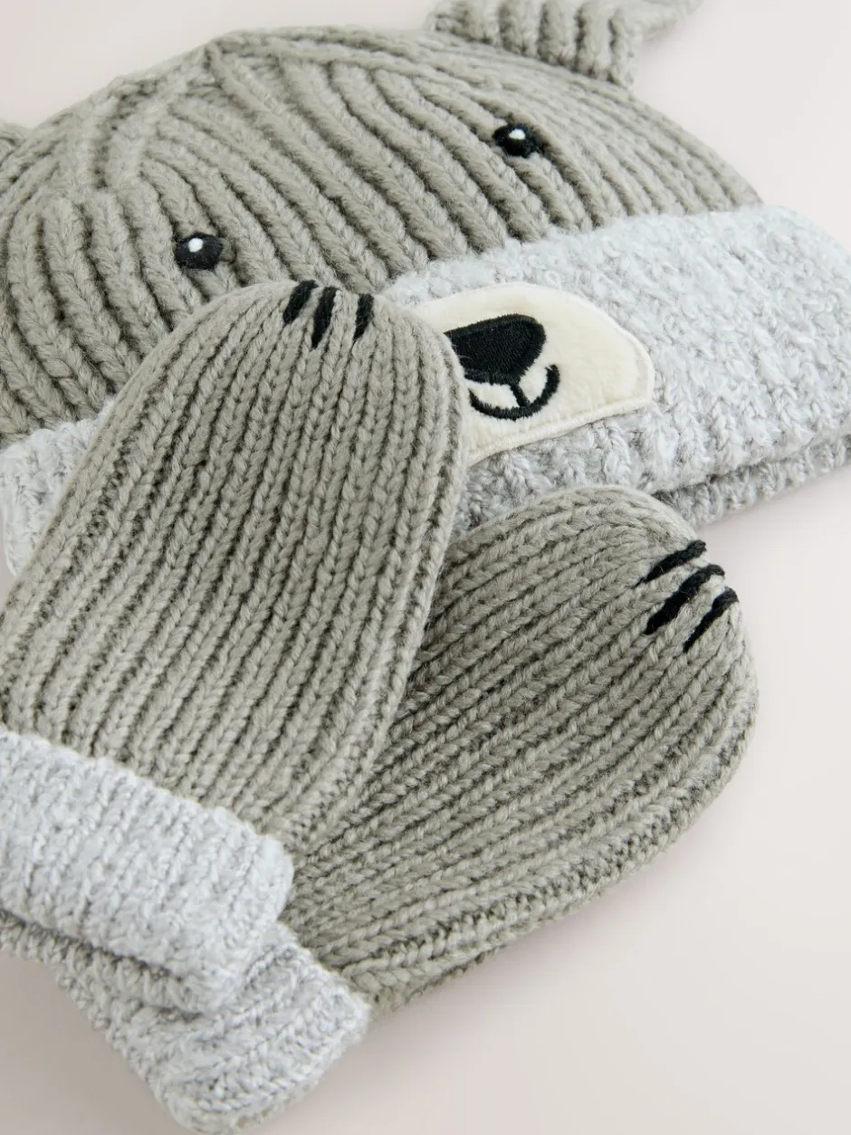 Mutsen, Handschoenen En Sjaals|Next - Hat & Mittens 2 Piece Set (3mths-6yrs) Grijs met hond