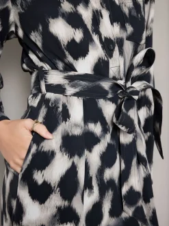 Jurken|Next - Mini Long Sleeve Tie Waist Shirt Dress Grijs met luipaardprint