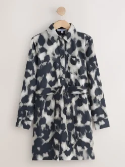 Jurken|Next - Mini Long Sleeve Tie Waist Shirt Dress Grijs met luipaardprint