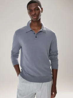 Gebreide Kleding|Poloshirts|Next Grijsblauw - Normale Pasvorm - Katoenrijk gebreid poloshirt met lange mouwen