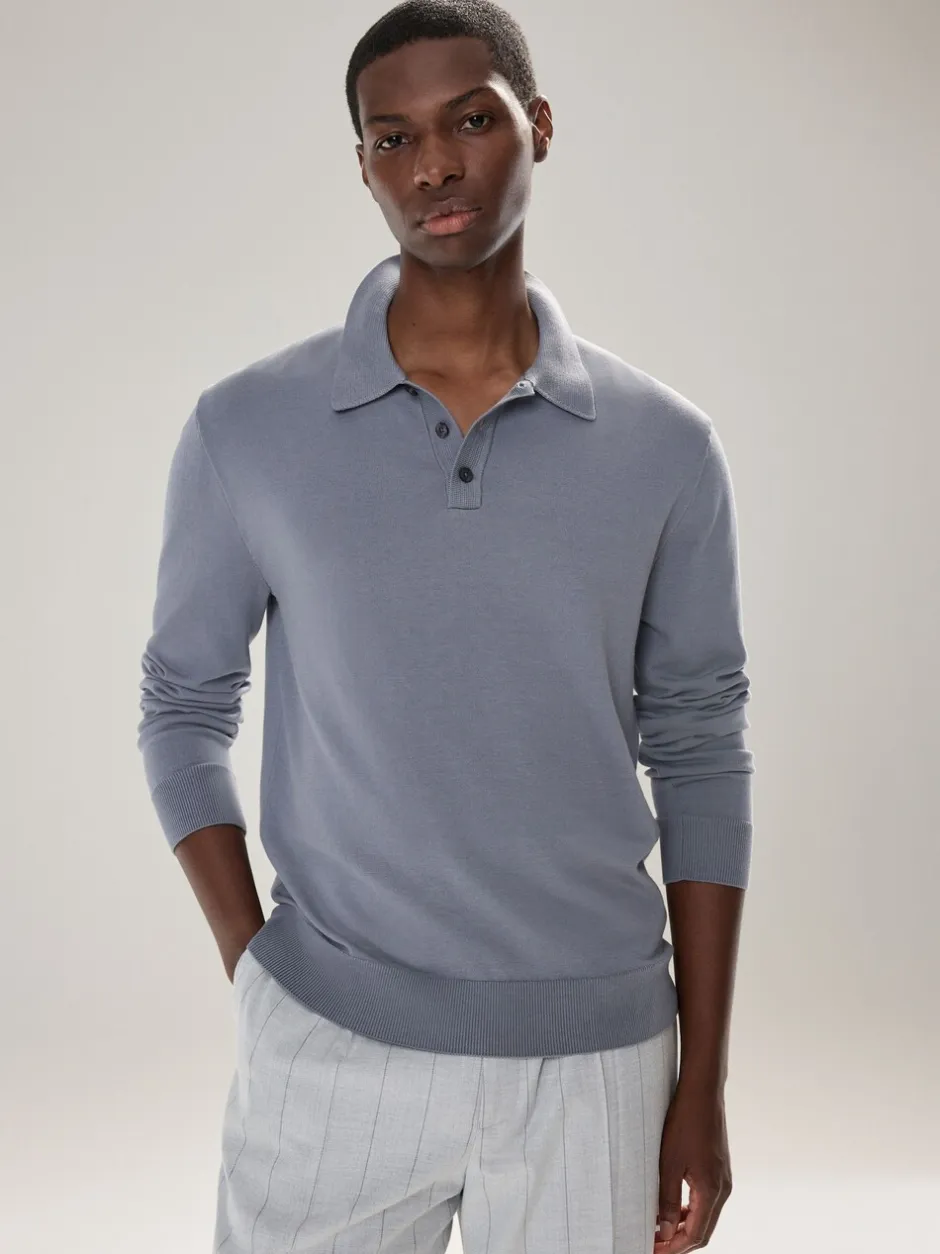 Gebreide Kleding|Poloshirts|Next Grijsblauw - Normale Pasvorm - Katoenrijk gebreid poloshirt met lange mouwen