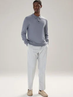 Gebreide Kleding|Poloshirts|Next Grijsblauw - Normale Pasvorm - Katoenrijk gebreid poloshirt met lange mouwen